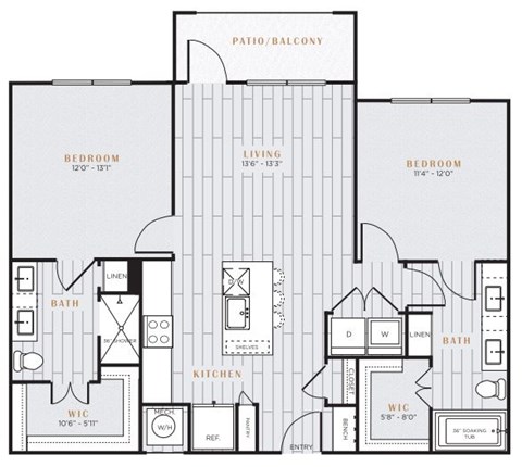 Floor plan for 2 beds, 2 baths, 1095 sqft